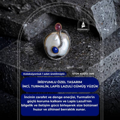 Sertifikalı İridyumlu İnci, Turmalin, Lapis Lazuli Özel Tasarım Gümüş Yüzük (SK:006) - 2