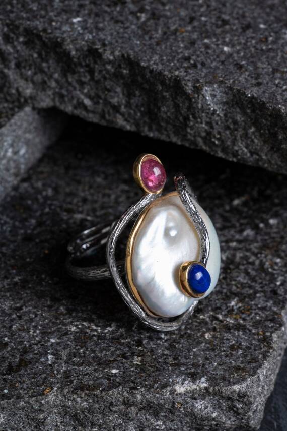 Sertifikalı İridyumlu İnci, Turmalin, Lapis Lazuli Özel Tasarım Gümüş Yüzük (SK:006) - 3