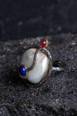 Sertifikalı İridyumlu İnci, Turmalin, Lapis Lazuli Özel Tasarım Gümüş Yüzük (SK:006) - 4