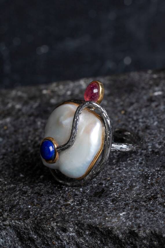 Sertifikalı İridyumlu İnci, Turmalin, Lapis Lazuli Özel Tasarım Gümüş Yüzük (SK:006) - 4