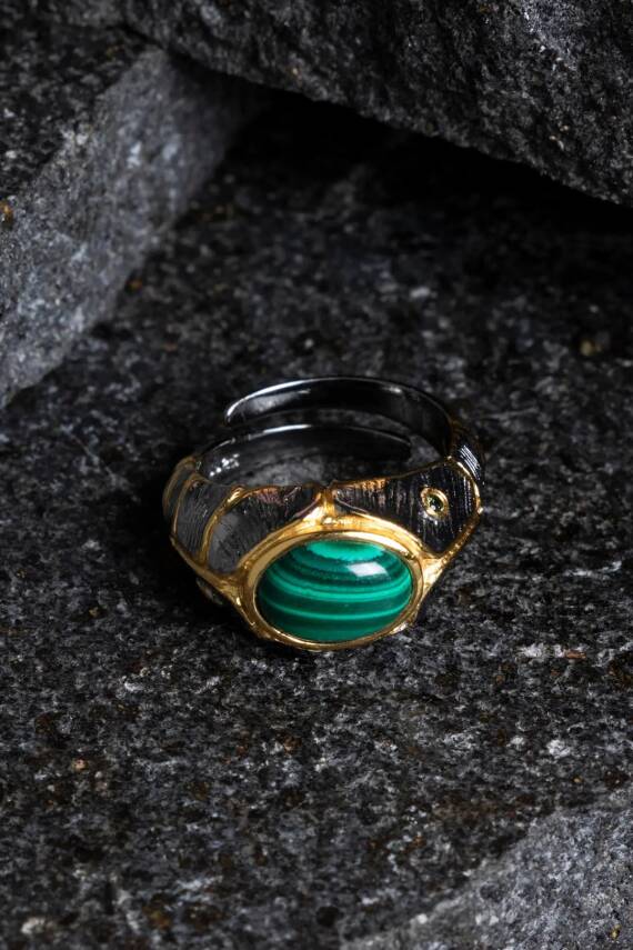 Sertifikalı İridyumlu Malahit Gümüş Özel Tasarım Yüzük (Kadın) - 1