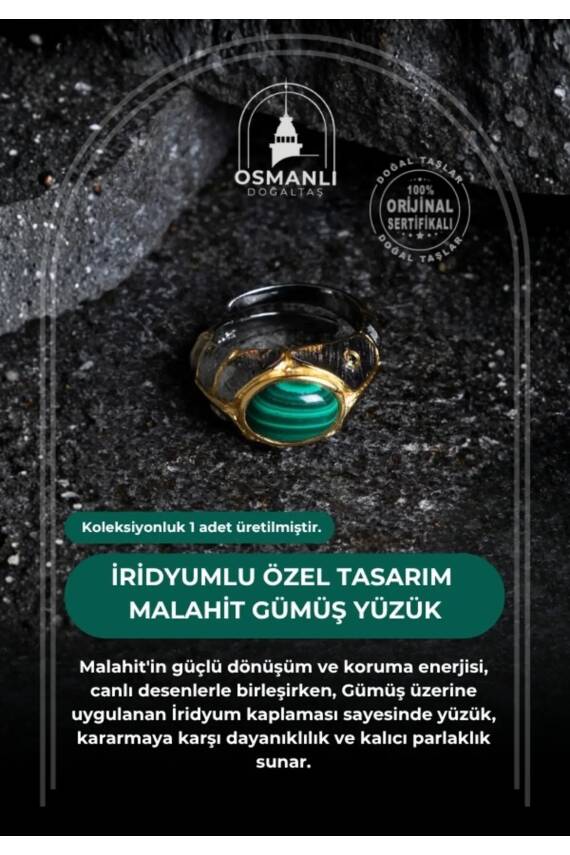 Sertifikalı İridyumlu Malahit Gümüş Özel Tasarım Yüzük (Kadın) - 2