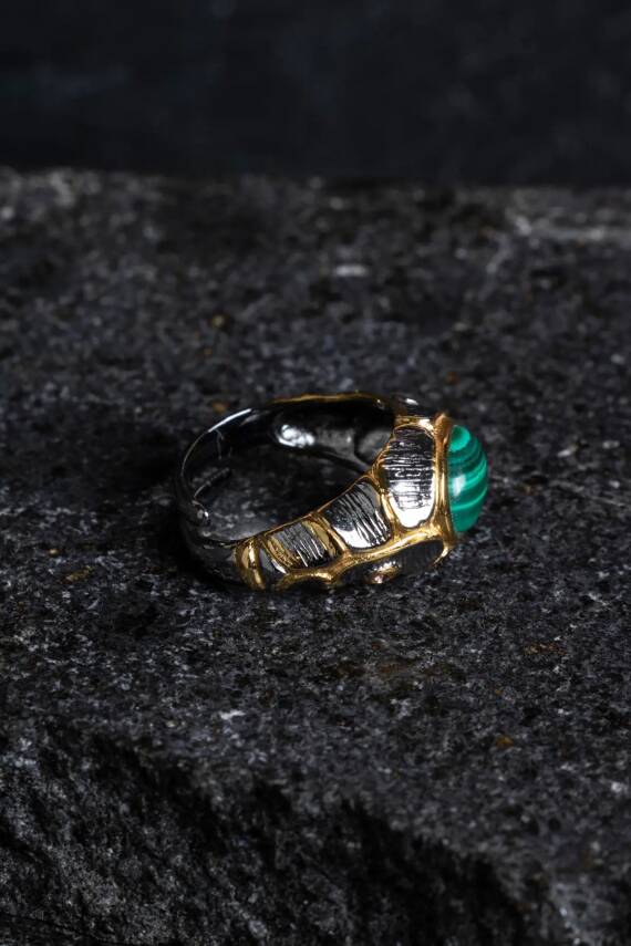 Sertifikalı İridyumlu Malahit Gümüş Özel Tasarım Yüzük (Kadın) - 4