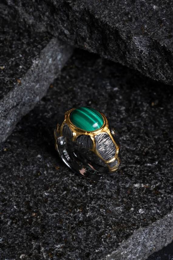 Sertifikalı İridyumlu Malahit Gümüş Özel Tasarım Yüzük (Kadın) - 5