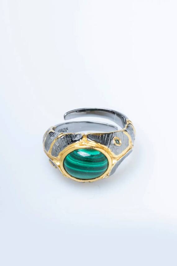 Sertifikalı İridyumlu Malahit Gümüş Özel Tasarım Yüzük (Kadın) - 6