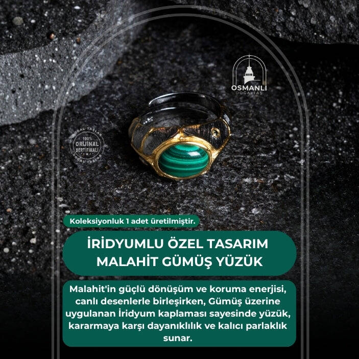 Sertifikalı İridyumlu Malahit Gümüş Özel Tasarım Yüzük - 2