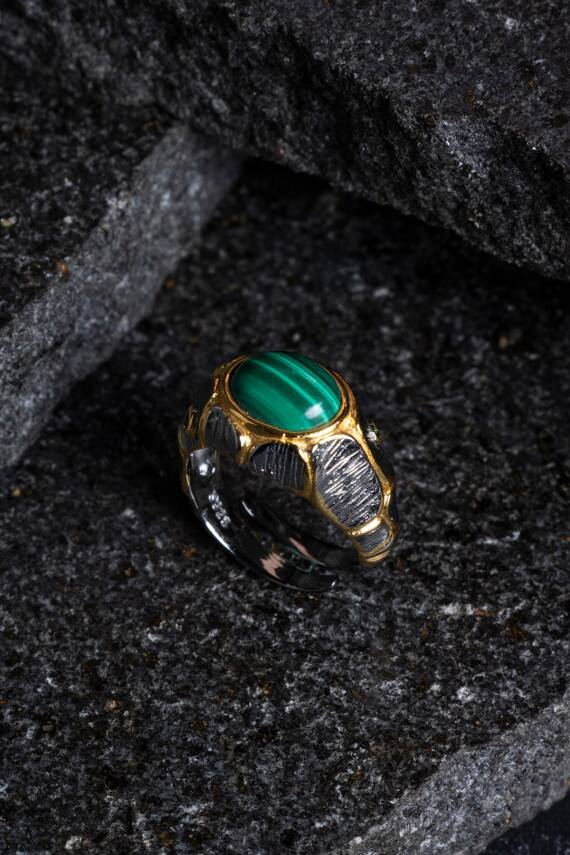 Sertifikalı İridyumlu Malahit Gümüş Özel Tasarım Yüzük - 3
