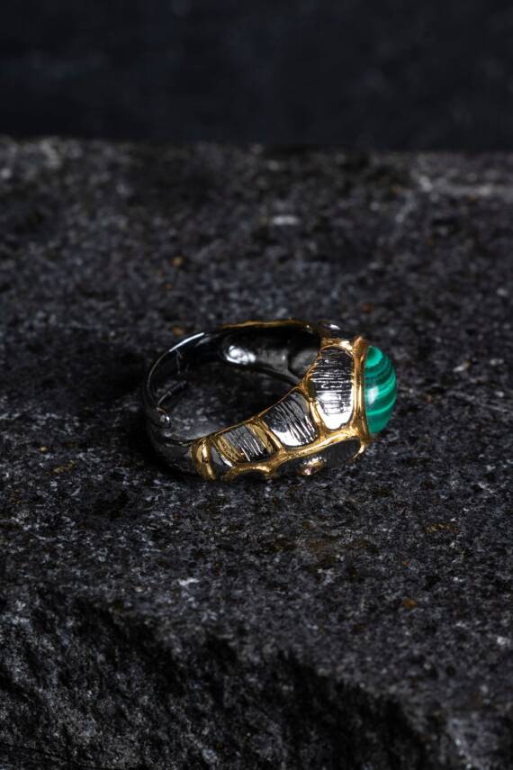 Sertifikalı İridyumlu Malahit Gümüş Özel Tasarım Yüzük - 4