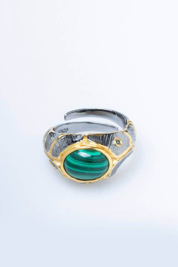 Sertifikalı İridyumlu Malahit Gümüş Özel Tasarım Yüzük - 6