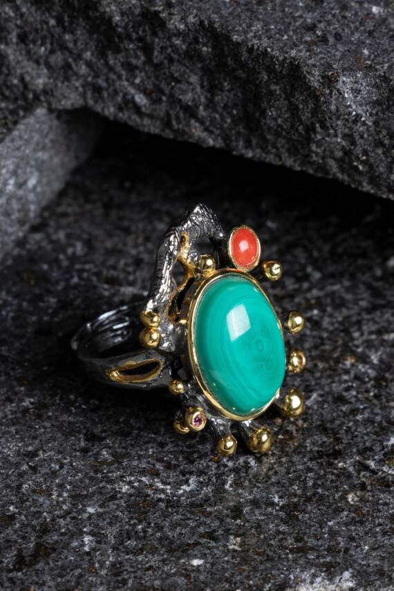 Sertifikalı İridyumlu Malahit, Mercan Özel Tasarım Gümüş Yüzük (Kadın) (SK:002) - 1