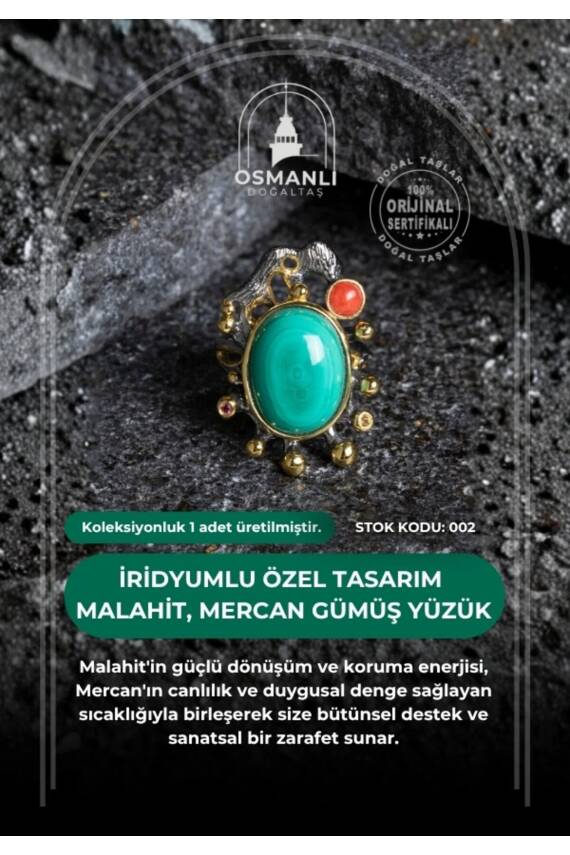 Sertifikalı İridyumlu Malahit, Mercan Özel Tasarım Gümüş Yüzük (Kadın) (SK:002) - 2