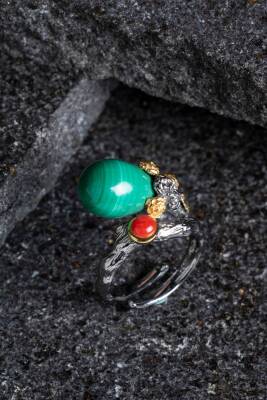 Sertifikalı İridyumlu Malahit, Mercan Özel Tasarım Gümüş Yüzük (Kadın) (SK:004) - Osmanlı Doğal Taş