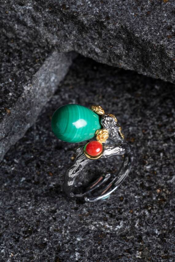 Sertifikalı İridyumlu Malahit, Mercan Özel Tasarım Gümüş Yüzük (Kadın) (SK:004) - 1