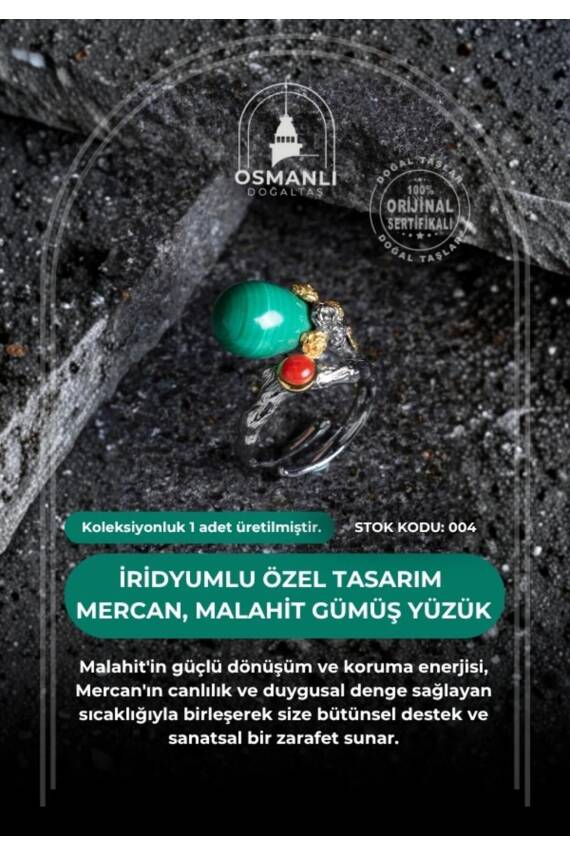 Sertifikalı İridyumlu Malahit, Mercan Özel Tasarım Gümüş Yüzük (Kadın) (SK:004) - 2
