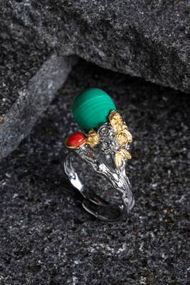 Sertifikalı İridyumlu Malahit, Mercan Özel Tasarım Gümüş Yüzük (Kadın) (SK:004) - 3