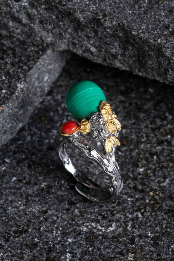 Sertifikalı İridyumlu Malahit, Mercan Özel Tasarım Gümüş Yüzük (Kadın) (SK:004) - 3