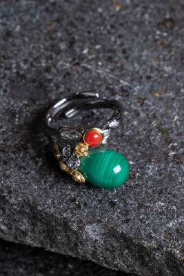 Sertifikalı İridyumlu Malahit, Mercan Özel Tasarım Gümüş Yüzük (Kadın) (SK:004) - 4