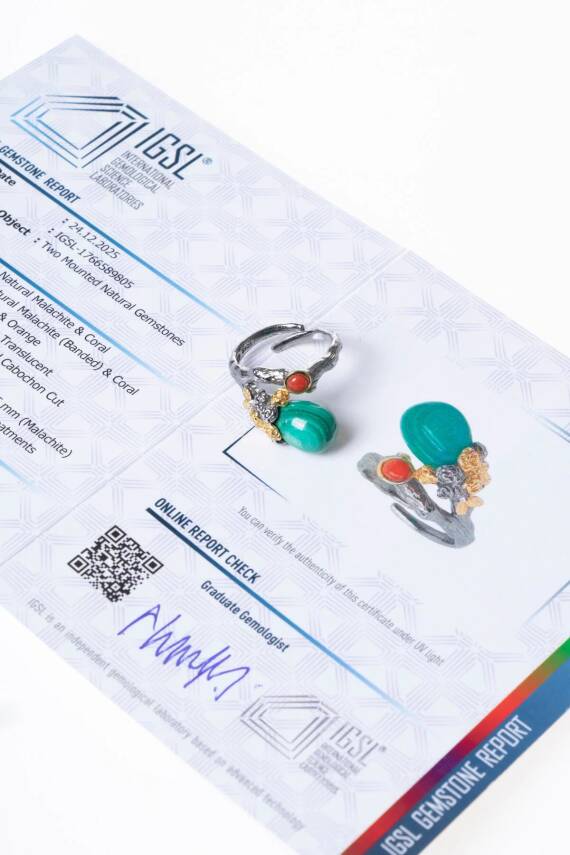 Sertifikalı İridyumlu Malahit, Mercan Özel Tasarım Gümüş Yüzük (Kadın) (SK:004) - 5