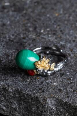 Sertifikalı İridyumlu Malahit, Mercan Özel Tasarım Gümüş Yüzük (Kadın) (SK:004) - 6