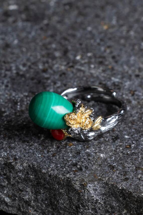 Sertifikalı İridyumlu Malahit, Mercan Özel Tasarım Gümüş Yüzük (Kadın) (SK:004) - 6