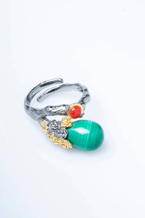 Sertifikalı İridyumlu Malahit, Mercan Özel Tasarım Gümüş Yüzük (Kadın) (SK:004) - 7