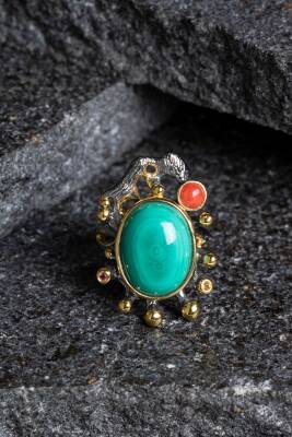 Sertifikalı İridyumlu Malahit, Mercan Özel Tasarım Gümüş Yüzük (SK:002) - Osmanlı Doğal Taş