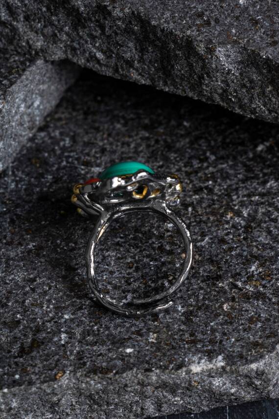 Sertifikalı İridyumlu Malahit, Mercan Özel Tasarım Gümüş Yüzük (SK:002) - 4