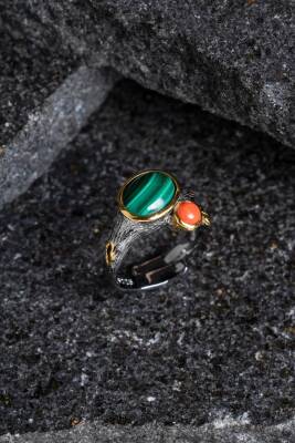 Sertifikalı İridyumlu Mercan, Malahit Özel Tasarım Gümüş Yüzük (Kadın) (SK:003) - Osmanlı Doğal Taş