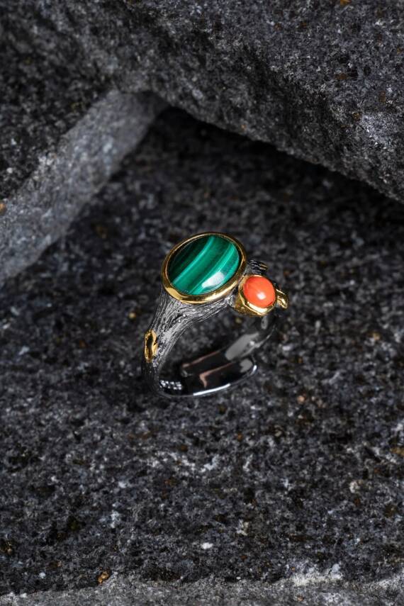 Sertifikalı İridyumlu Mercan, Malahit Özel Tasarım Gümüş Yüzük (Kadın) (SK:003) - 1