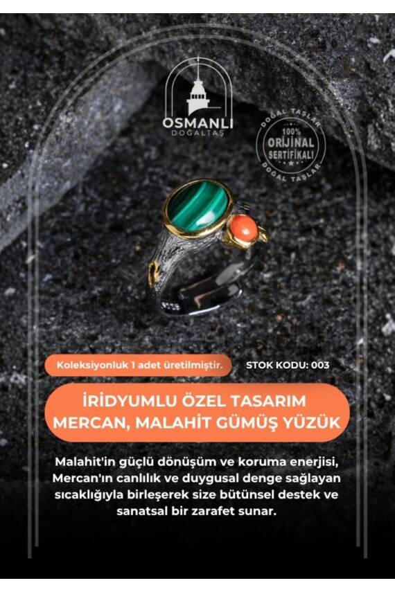 Sertifikalı İridyumlu Mercan, Malahit Özel Tasarım Gümüş Yüzük (Kadın) (SK:003) - 2