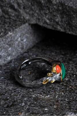 Sertifikalı İridyumlu Mercan, Malahit Özel Tasarım Gümüş Yüzük (Kadın) (SK:003) - 3