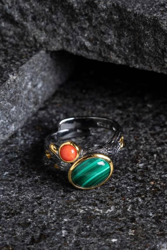 Sertifikalı İridyumlu Mercan, Malahit Özel Tasarım Gümüş Yüzük (Kadın) (SK:003) - 4