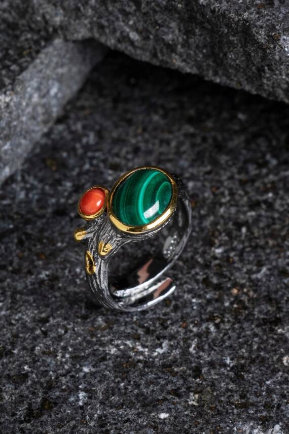 Sertifikalı İridyumlu Mercan, Malahit Özel Tasarım Gümüş Yüzük (Kadın) (SK:003) - 5