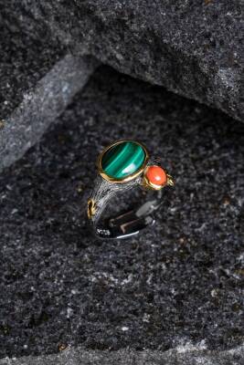 Sertifikalı İridyumlu Mercan, Malahit Özel Tasarım Gümüş Yüzük (SK:003) - Osmanlı Doğal Taş