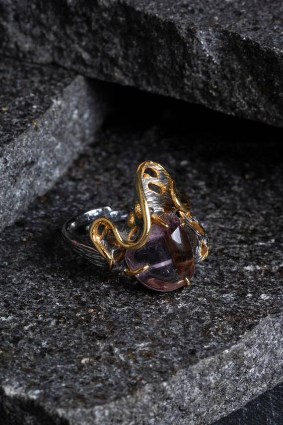 Sertifikalı İridyumlu Özel Tasarım Ametist Gümüş Yüzük (Kadın) - 4