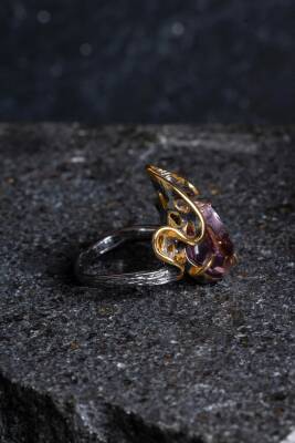 Sertifikalı İridyumlu Özel Tasarım Ametist Gümüş Yüzük (Kadın) - 5