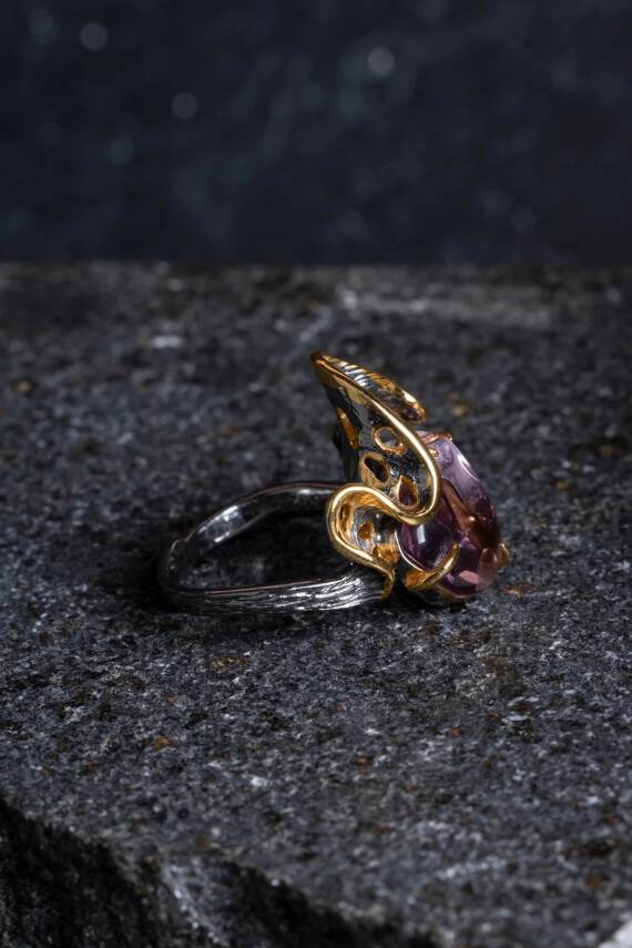 Sertifikalı İridyumlu Özel Tasarım Ametist Gümüş Yüzük (Kadın) - 5