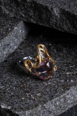 Sertifikalı İridyumlu Özel Tasarım Ametist Gümüş Yüzük - 3