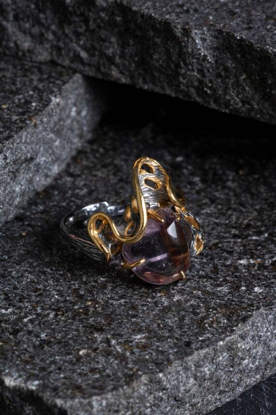 Sertifikalı İridyumlu Özel Tasarım Ametist Gümüş Yüzük - 3