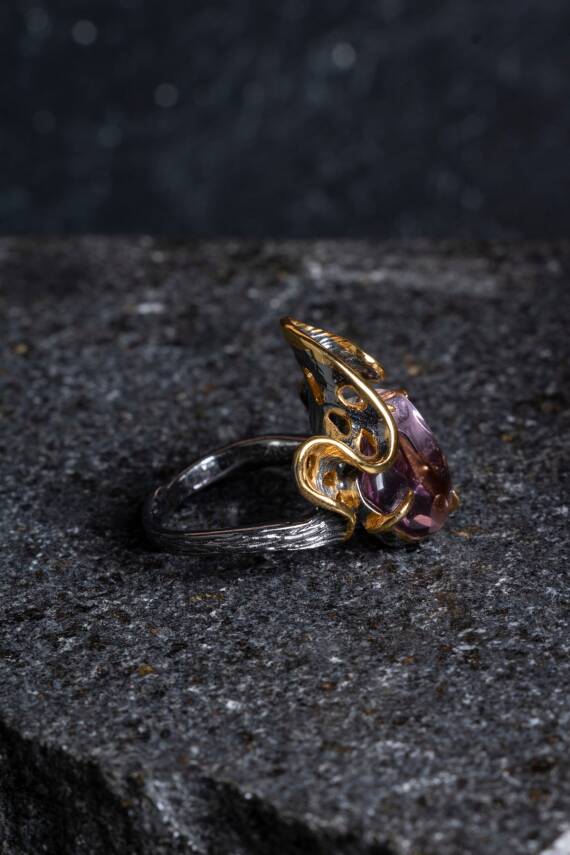 Sertifikalı İridyumlu Özel Tasarım Ametist Gümüş Yüzük - 5