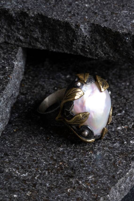 Sertifikalı İridyumlu Özel Tasarım İnci Gümüş Yüzük (Kadın) - 2