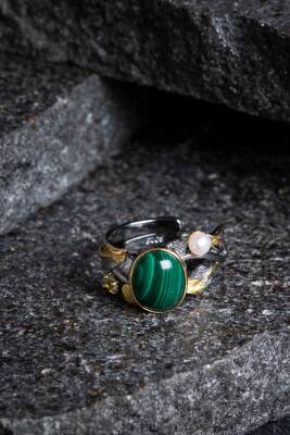 Sertifikalı İridyumlu Özel Tasarım Malahit Gümüş Yüzük - Osmanlı Doğal Taş