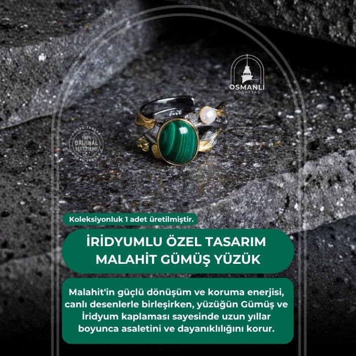 Sertifikalı İridyumlu Özel Tasarım Malahit Gümüş Yüzük - 2