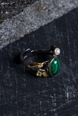 Sertifikalı İridyumlu Özel Tasarım Malahit Gümüş Yüzük - 3