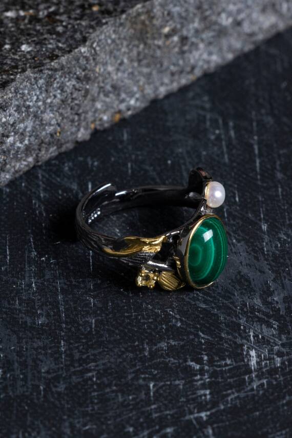 Sertifikalı İridyumlu Özel Tasarım Malahit Gümüş Yüzük - 3