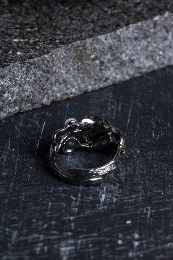 Sertifikalı İridyumlu Özel Tasarım Malahit Gümüş Yüzük - 4