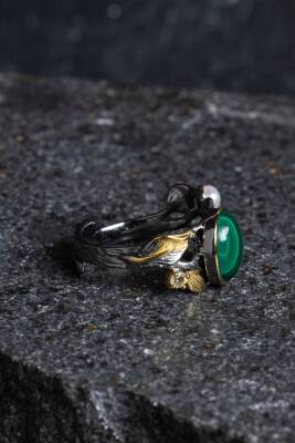 Sertifikalı İridyumlu Özel Tasarım Malahit Gümüş Yüzük - 5