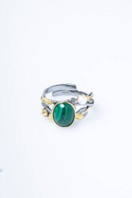 Sertifikalı İridyumlu Özel Tasarım Malahit Gümüş Yüzük - 6