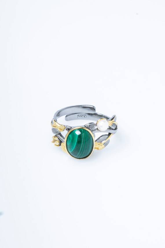Sertifikalı İridyumlu Özel Tasarım Malahit Gümüş Yüzük - 6