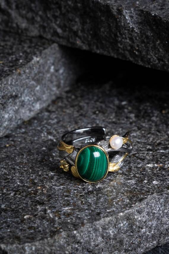 Sertifikalı İridyumlu Özel Tasarım Malahit & İnci Gümüş Yüzük (Kadın) - 1